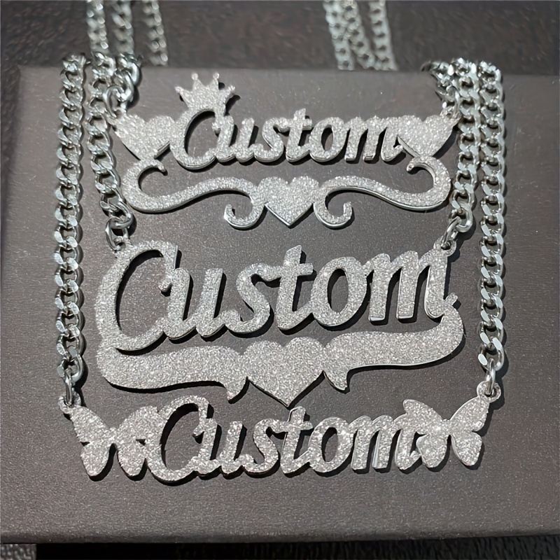 Customizable Stainless Steel Cuban Chain Necklace with Heart & Crown Pendant